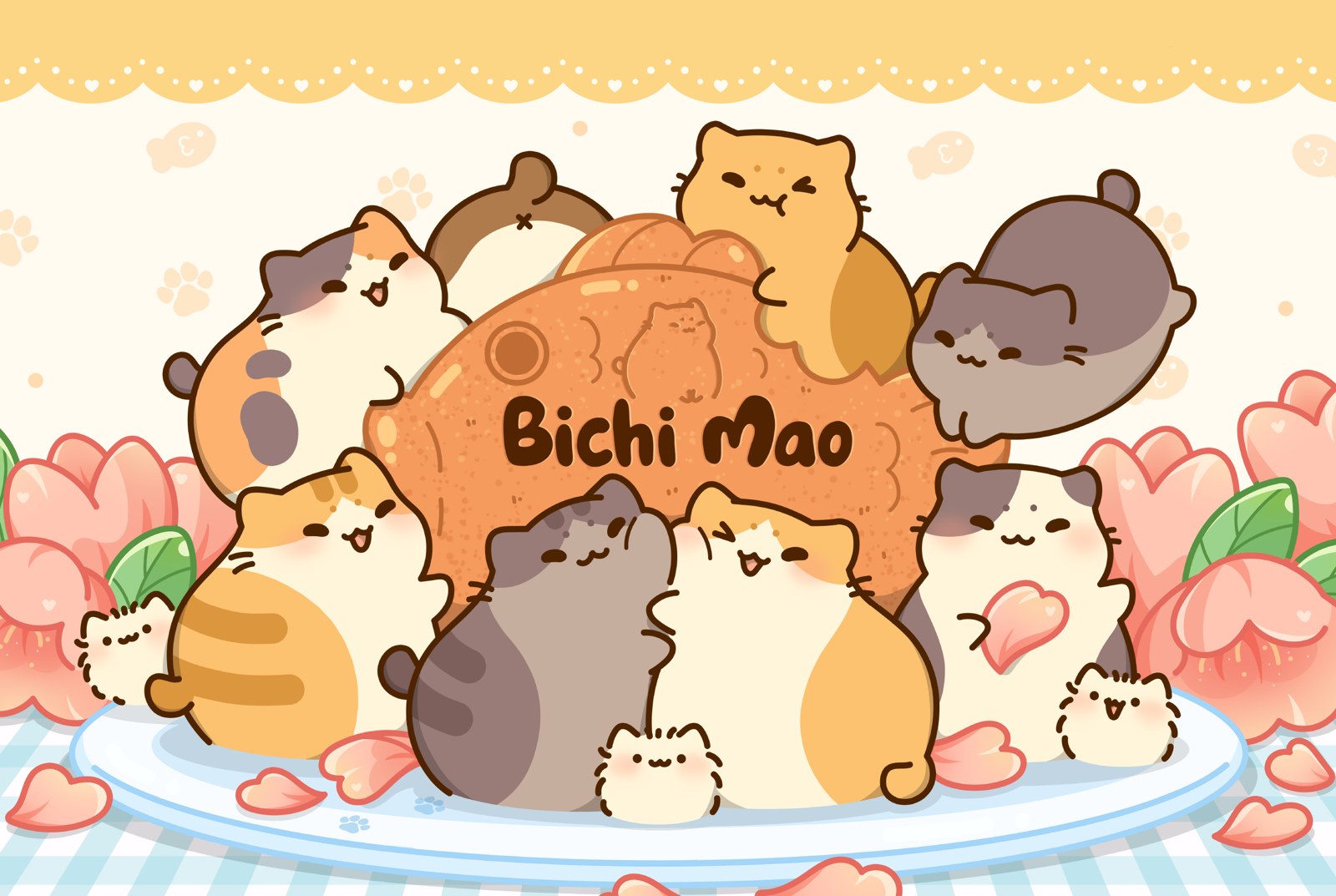 Bichi Mao cats gathered around a taiyaki on a plate