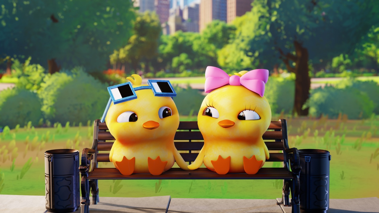 Quack and Lola together on a park bench