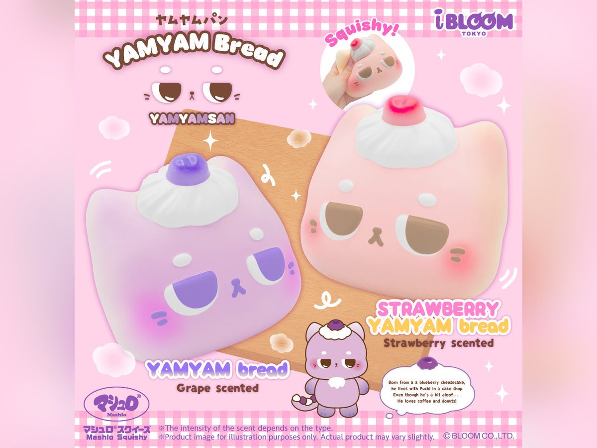 Cat-face bread squishies in grape and strawberry